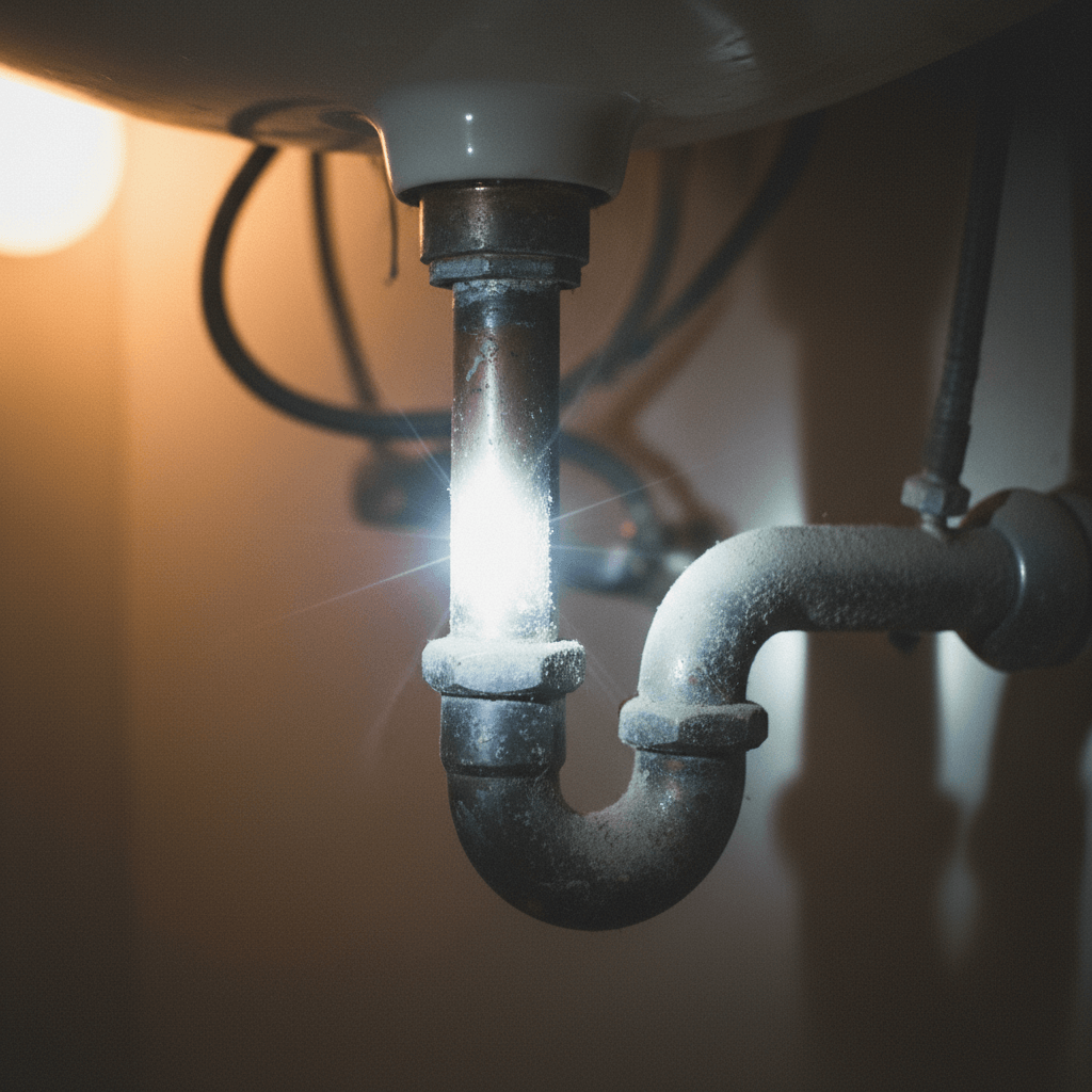 Alte Kupferrohre unter Waschbecken