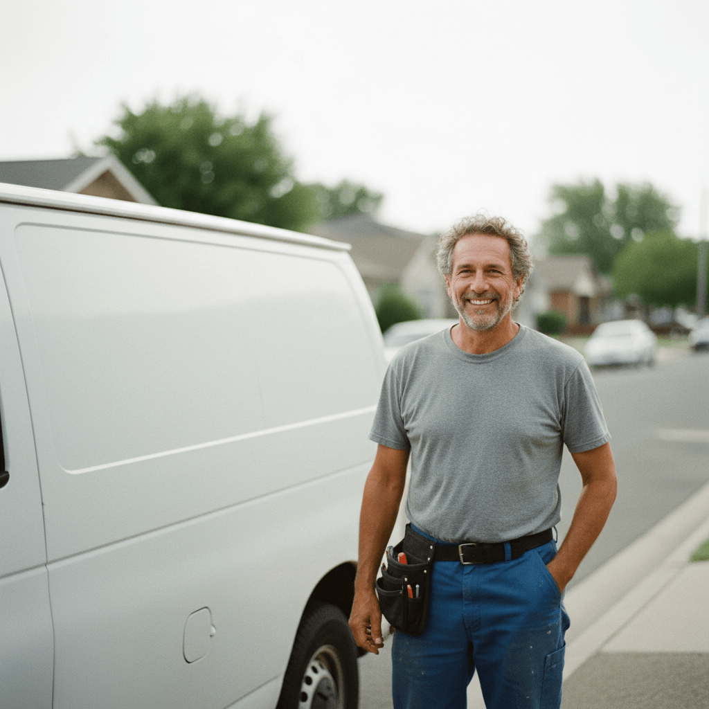 Freundlicher Elektriker vor Servicefahrzeug